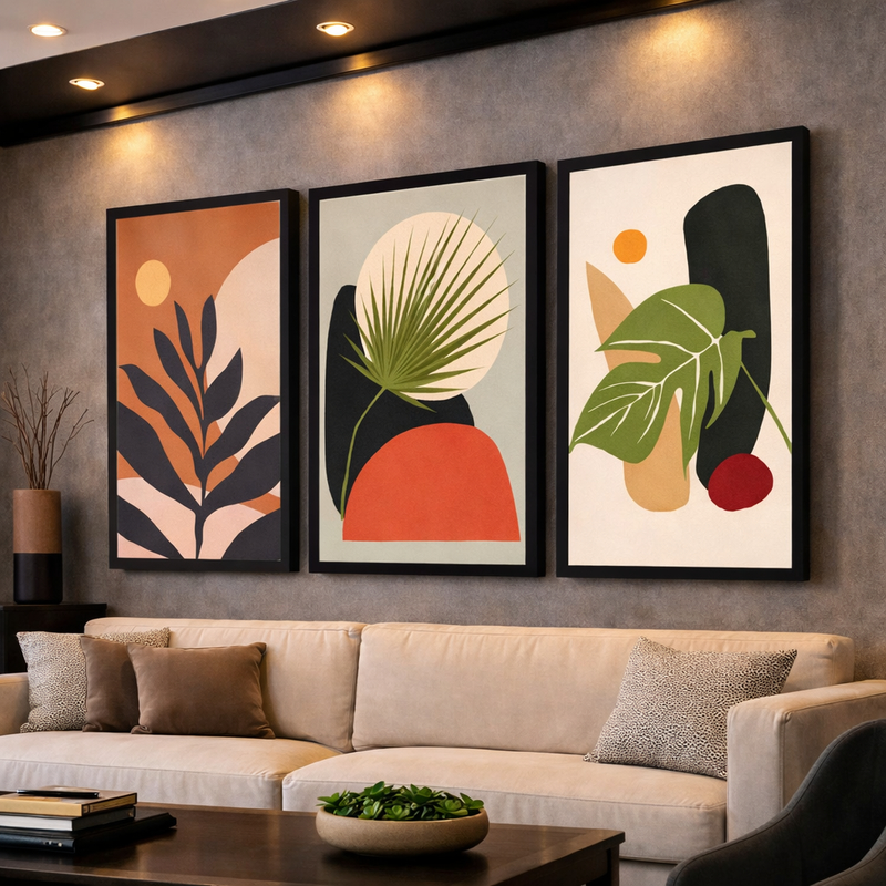 Kit 3 Quadros Decorativos Folhagem Folhas Mosaico Sala Quarto Escritório