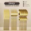 Kit Talheres 24 Peças Luxo | Garfos, Facas e Colheres em Aço Inoxidável Dourado