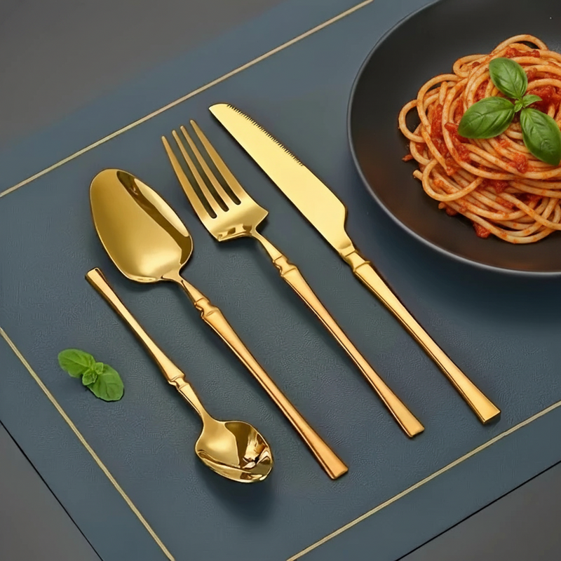 Kit Talheres 24 Peças Luxo | Garfos, Facas e Colheres em Aço Inoxidável Dourado